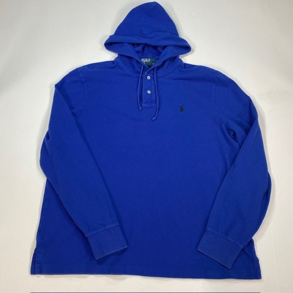 Polo Ralph Lauren Mens XL Blue Pique Henley Hoodie Long Sleeve Cotton Pony Logo